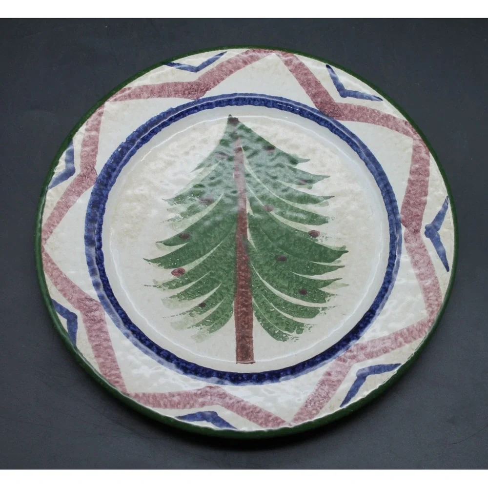 The Cellar Log Cabin Christmas Salad Plates Set 5 Tree Holiday 8in Ceramic Italy